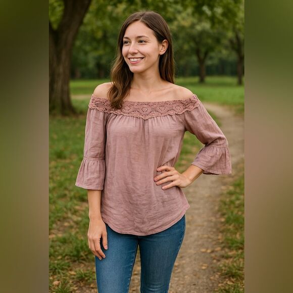 L Love Women’s Small Mauve Off Shoulder Boho Lace Crochet Blouse Romantic - Picture 1 of 4
